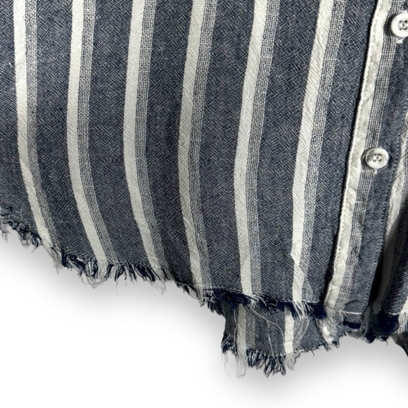 Catherine Malandrino Linen Blend Raw Hem Button Up Top, Blue/White Stripe, Large - Picture 6 of 11